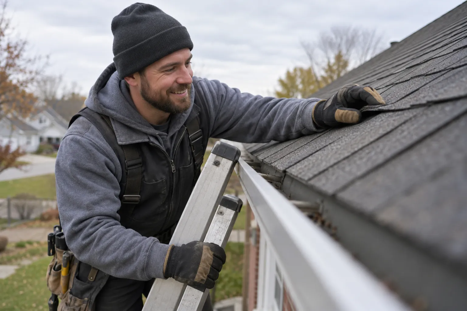 Roofing provider reviewing shingles during a roof inspection near Woodbury