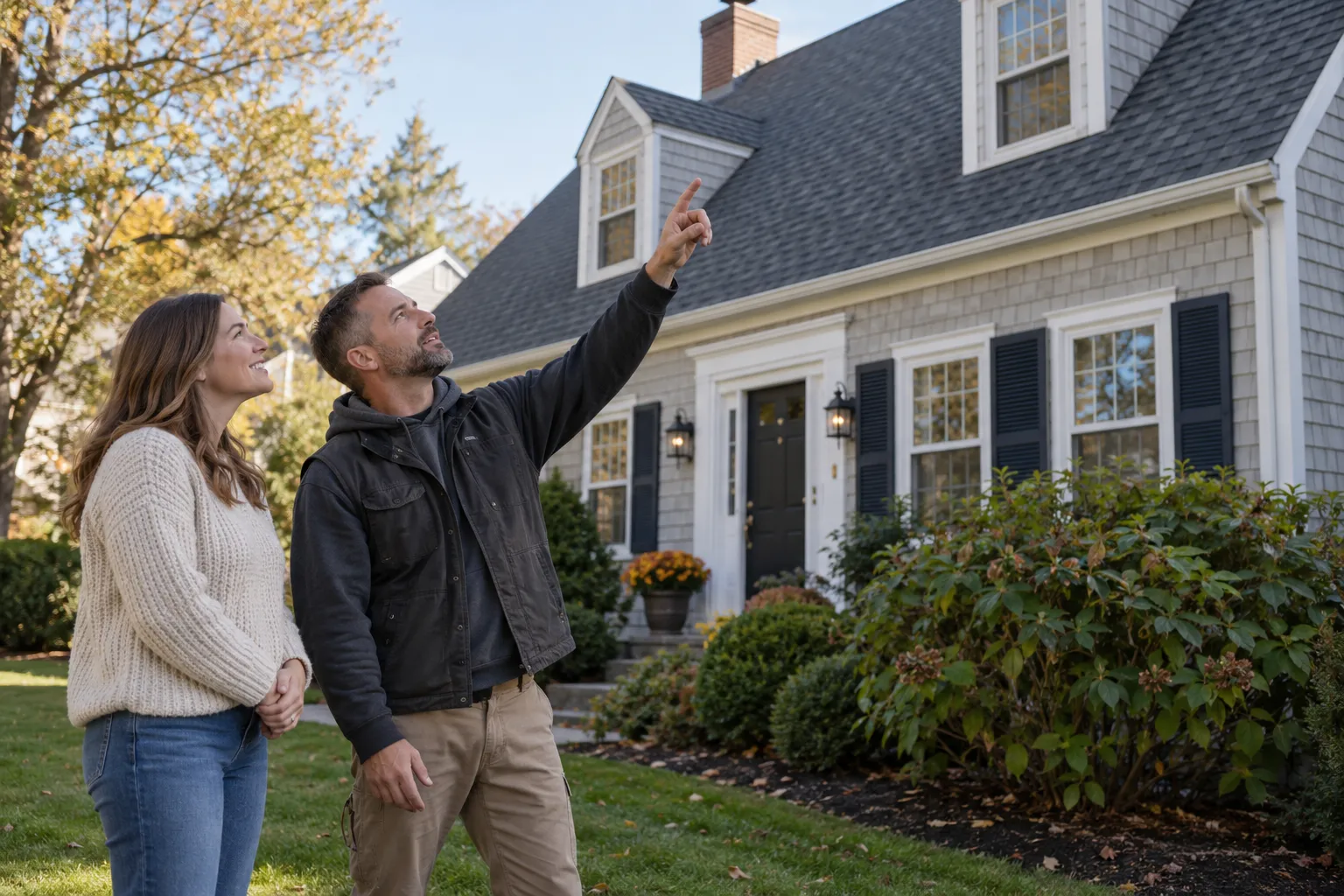 A homeowner and a roofing provider looking up at a house roof in Woodbury