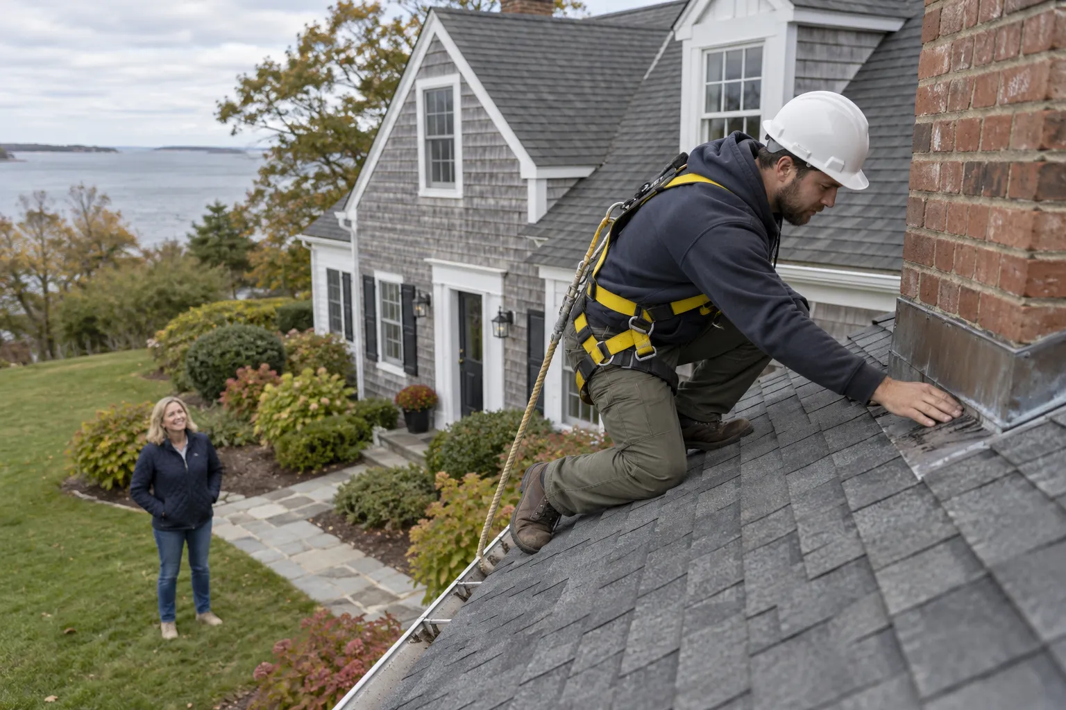 Local roofing provider inspecting shingles on a home roof in Woodbury on a calm day
